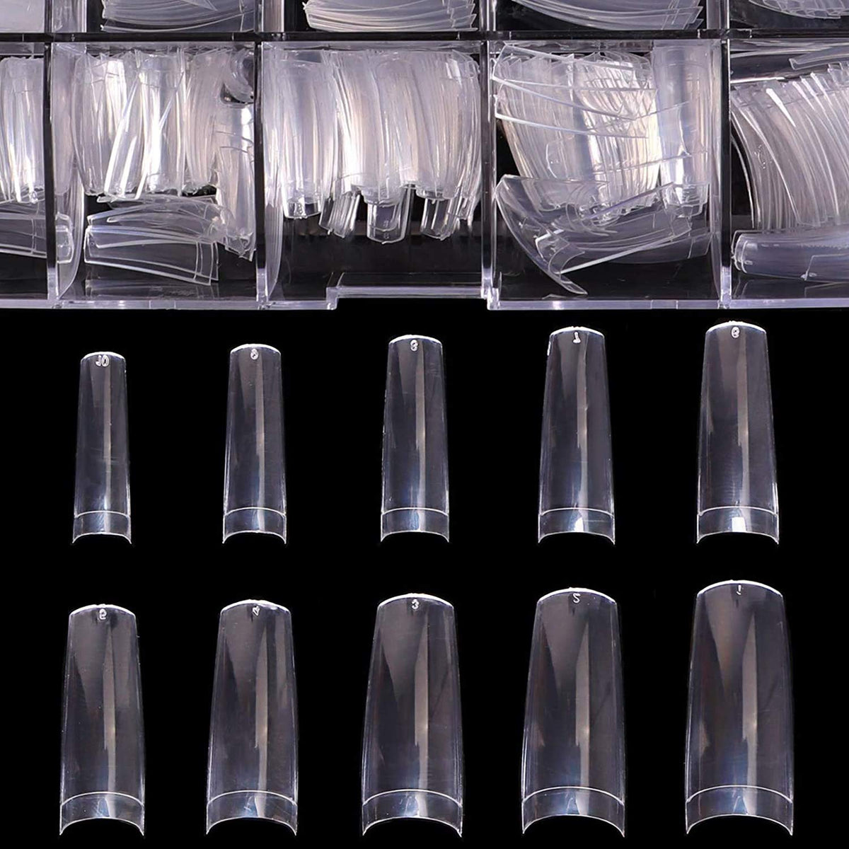 BTArtbox tips de uñas acrílicas claras en estuche, variedad de tamaños para ajuste preciso.