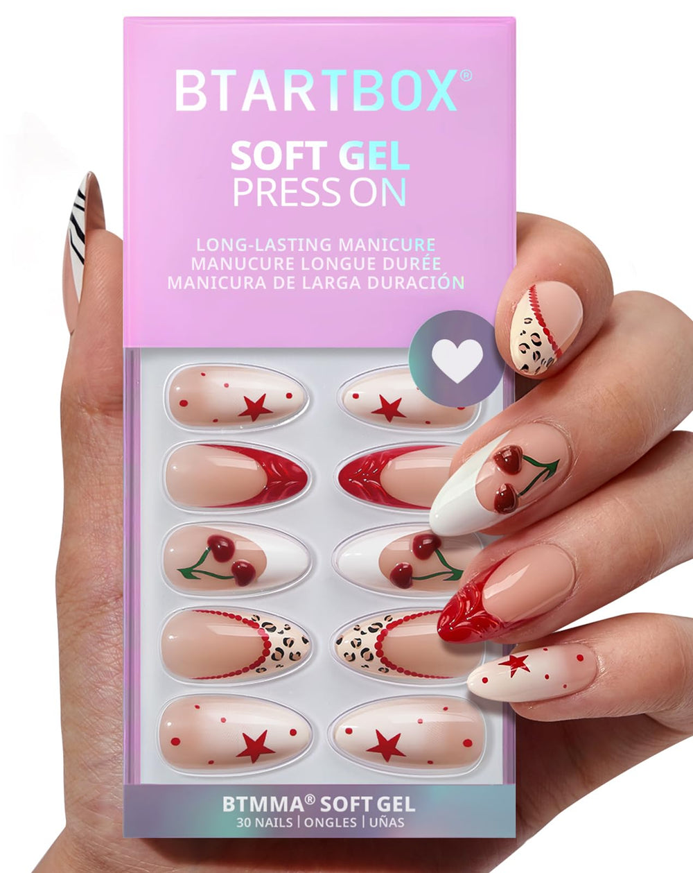 BTArtbox Uñas almendra 3D cereza medias: diseño en relieve que luce natural y elegante.