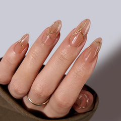 BTArtbox uñas Almond con líneas doradas 3D para un look elegante