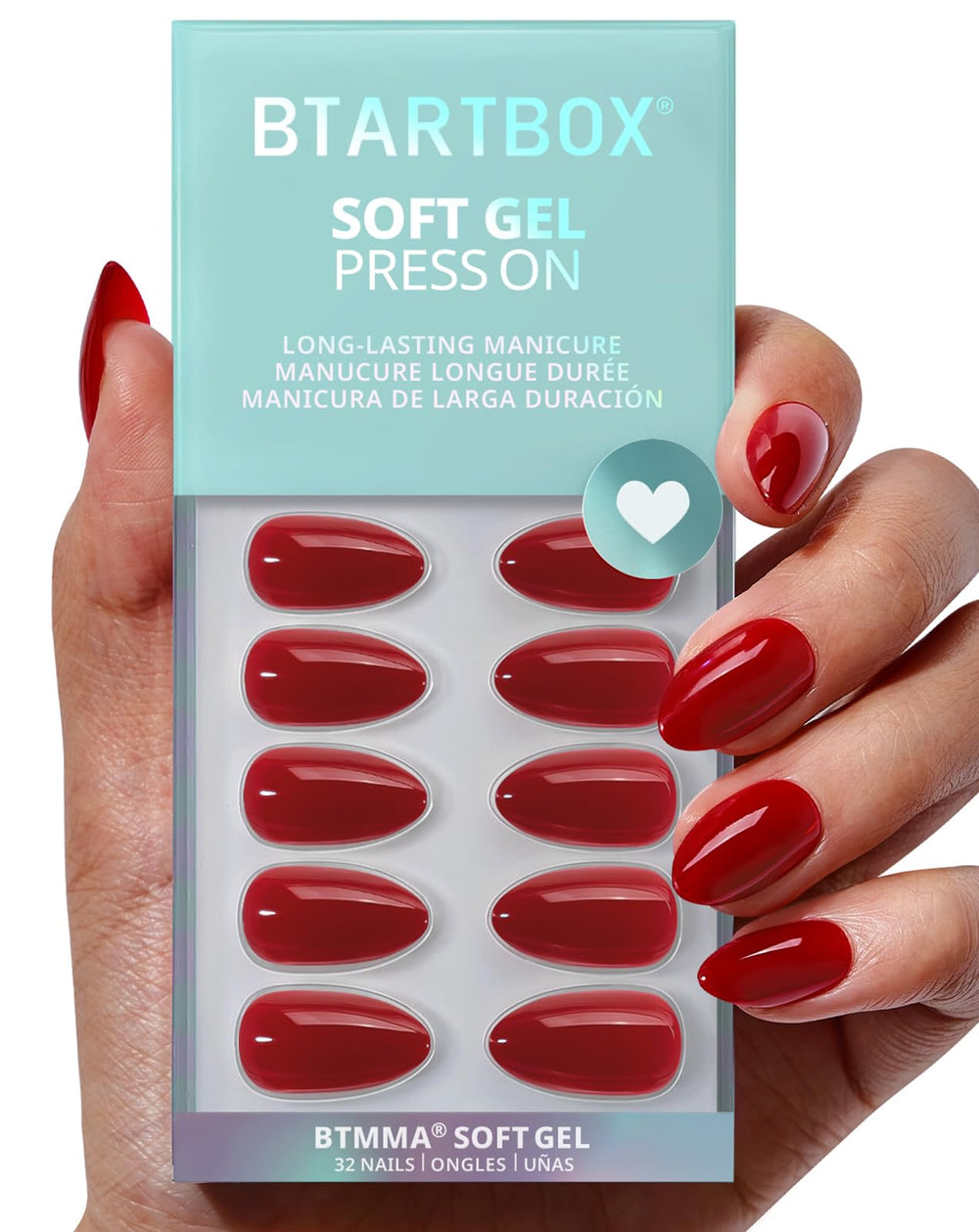 BTArtbox Uñas almendra rojo pastel corto para un look natural diario