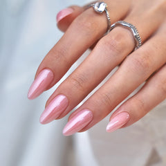 BTArtbox uñas en forma de almendra con brillo rosa cromo para un look elegante.