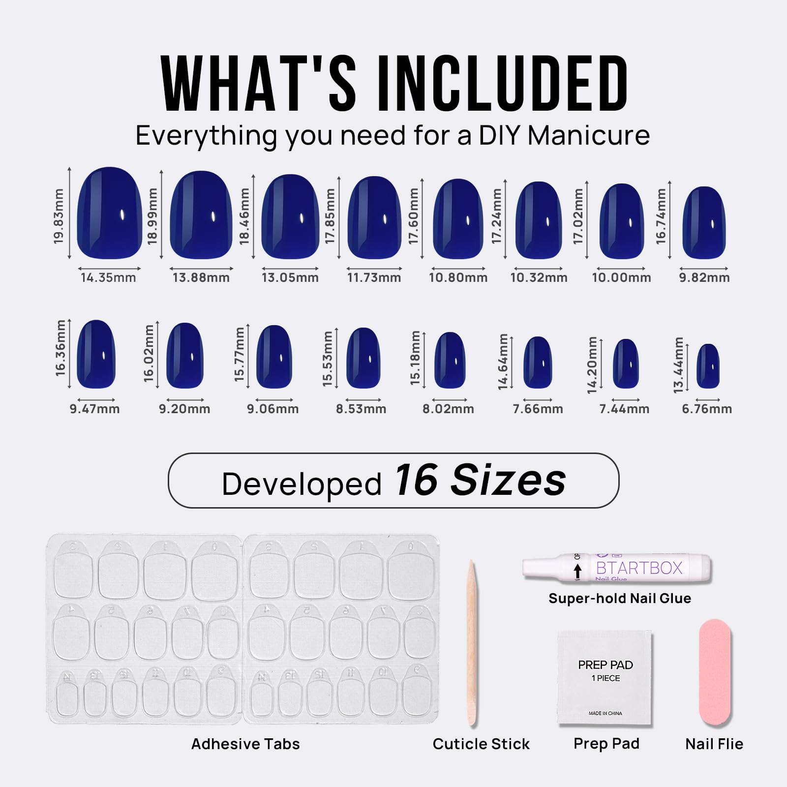 BTArtbox uñas azul marino en 16 tallas para ajuste personalizado