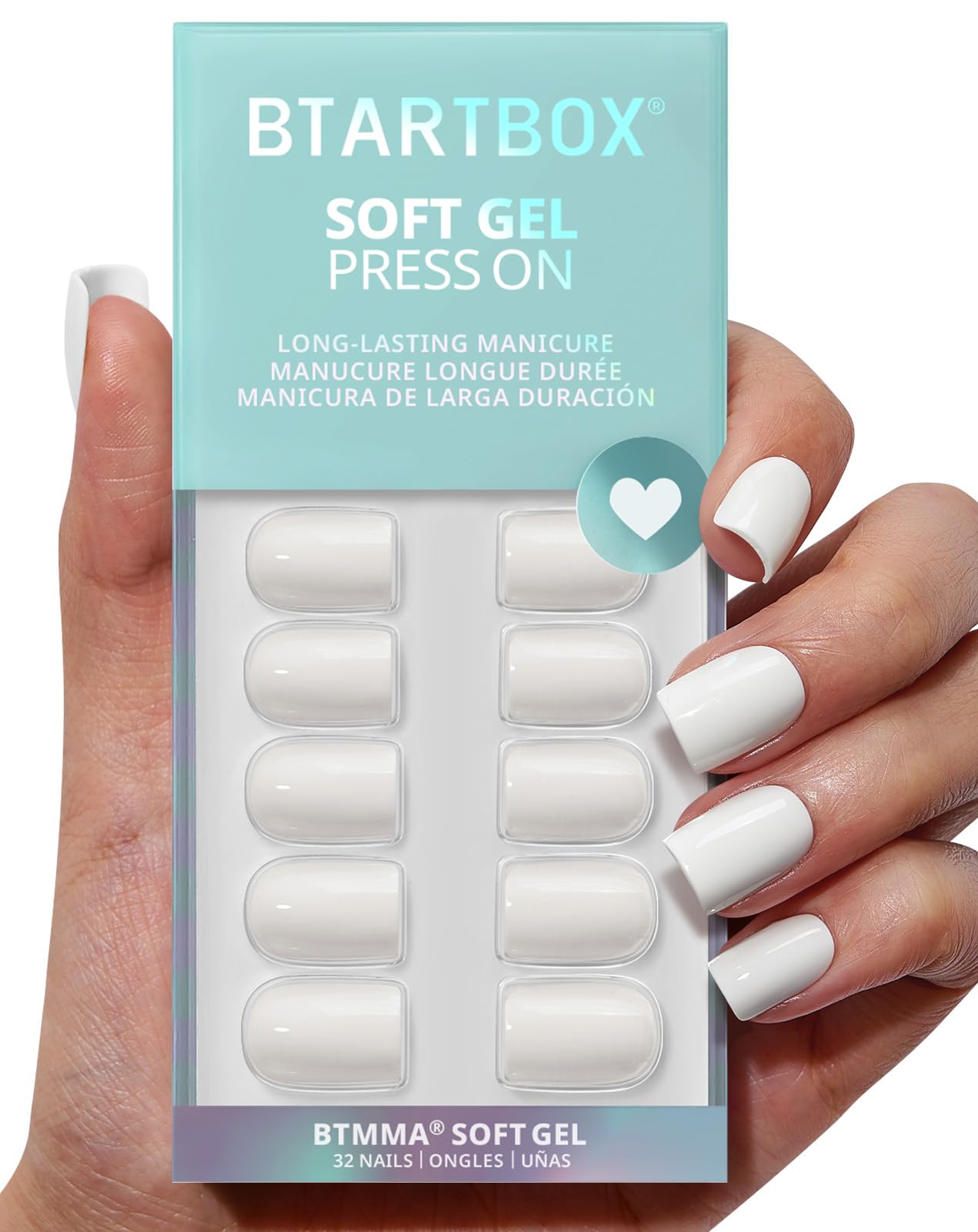 BTArtbox uñas cuadradas pastel blanco cortas con acabado natural para uso diario.