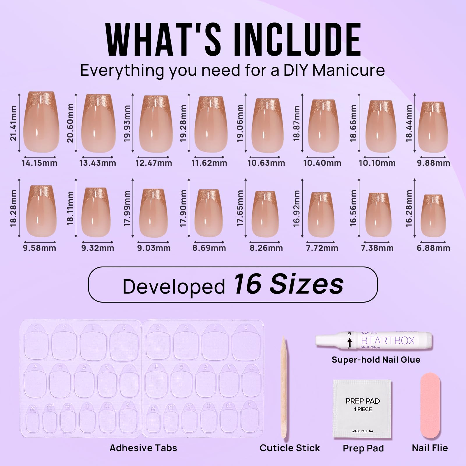 BTArtbox set de 30 uñas, 16 tallas, ajuste personalizado