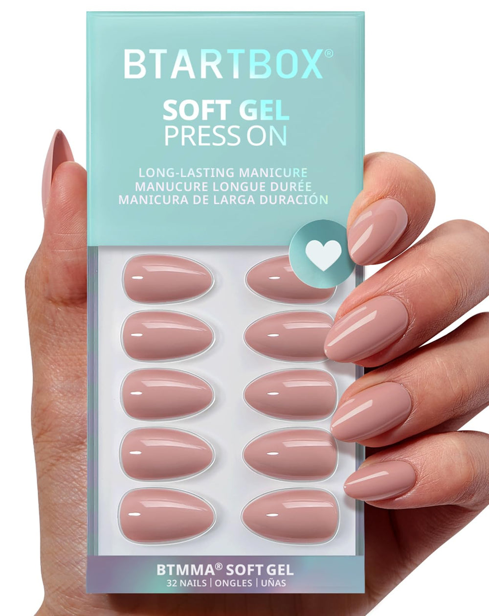 BTArtbox uñas postizas almendra tono rosado piel para look natural diario.
