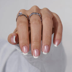 BTArtbox uñas postizas frances-blanco con brillo cromado para un look elegante