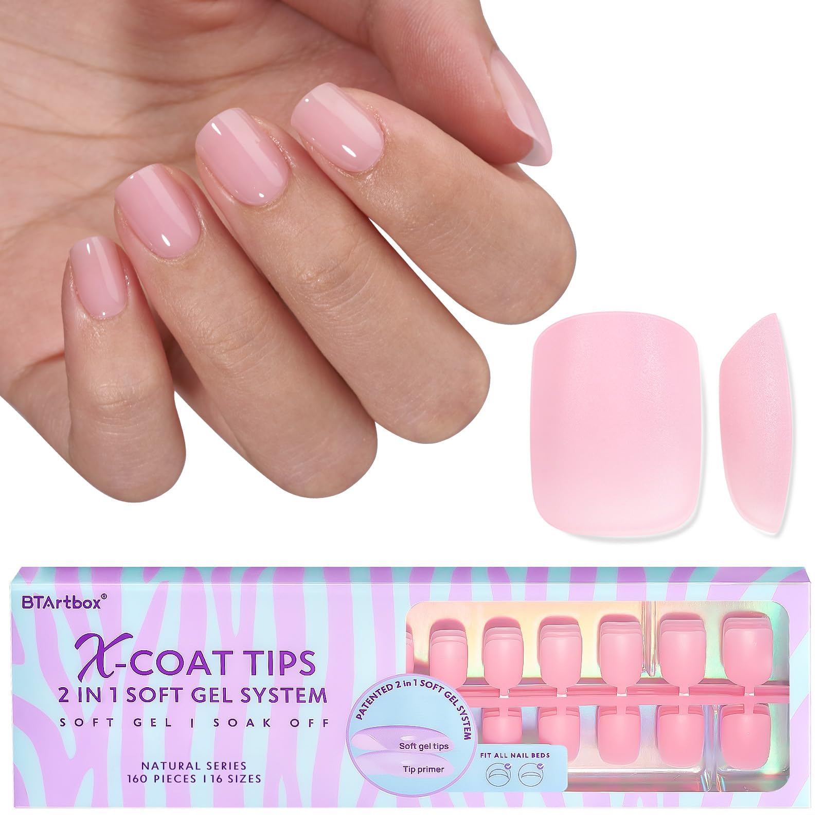BTArtbox XCOATTIPS: uñas postizas cortas y cuadradas en rosa para uso diario.