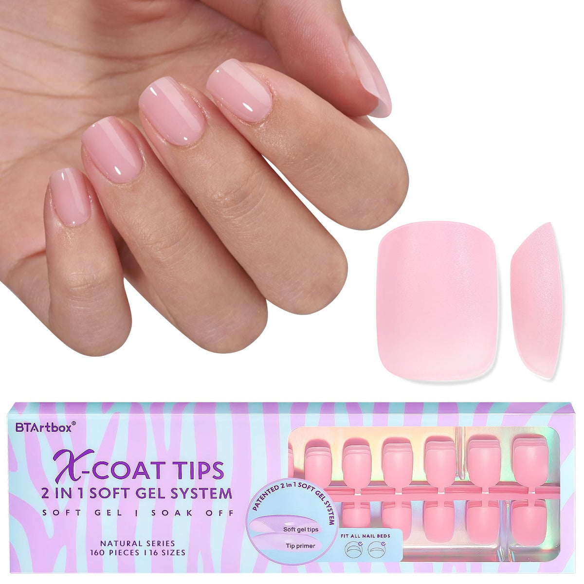 BTArtbox XCOATTIPS: uñas postizas cortas y cuadradas en rosa para uso diario.