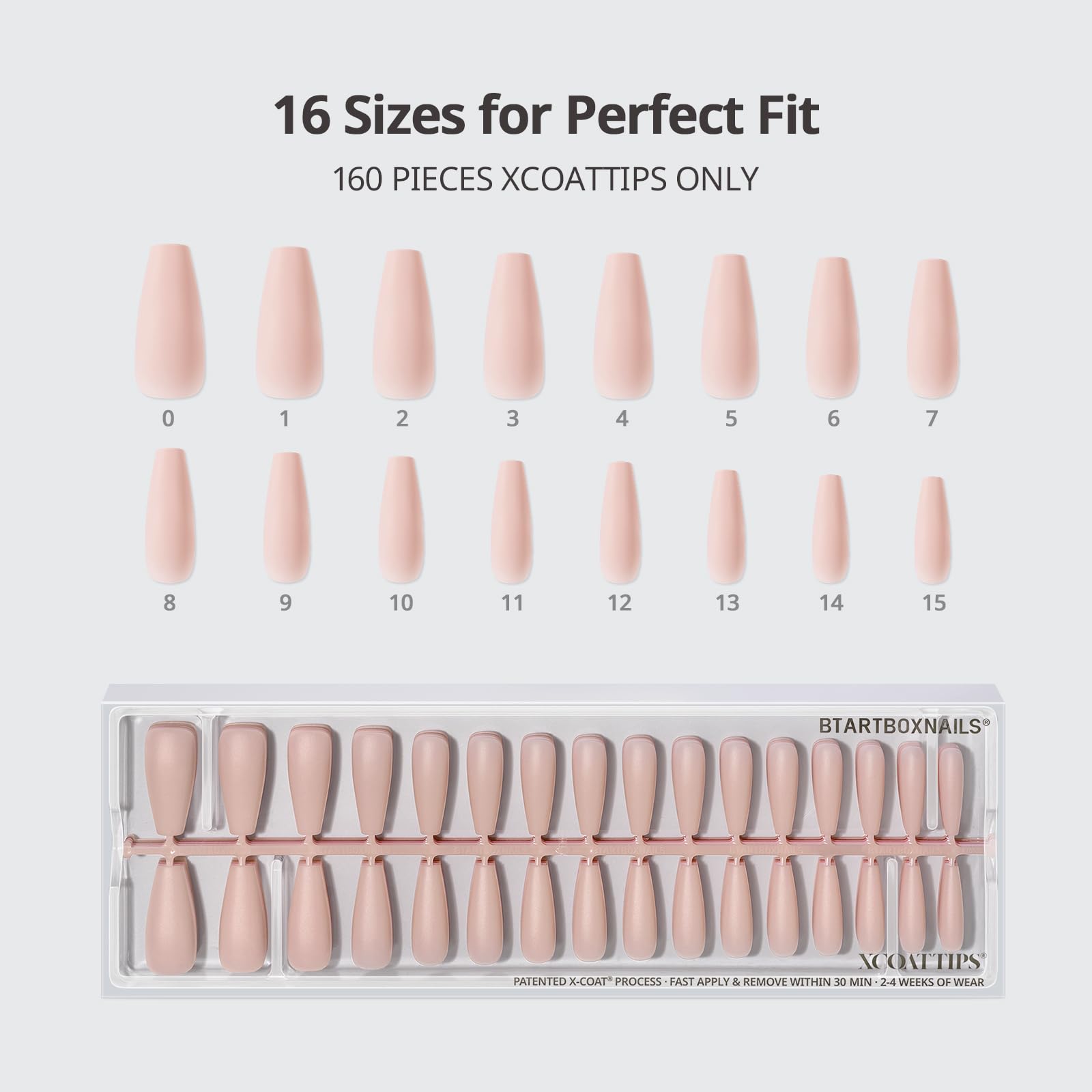 BTArtboxnails XCOATTIPS Bare 16 tallas para ajuste cómodo y natural