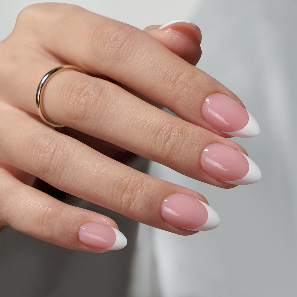BTArtboxNails close-up pink almond tip highlights precision and seamless gel edge.