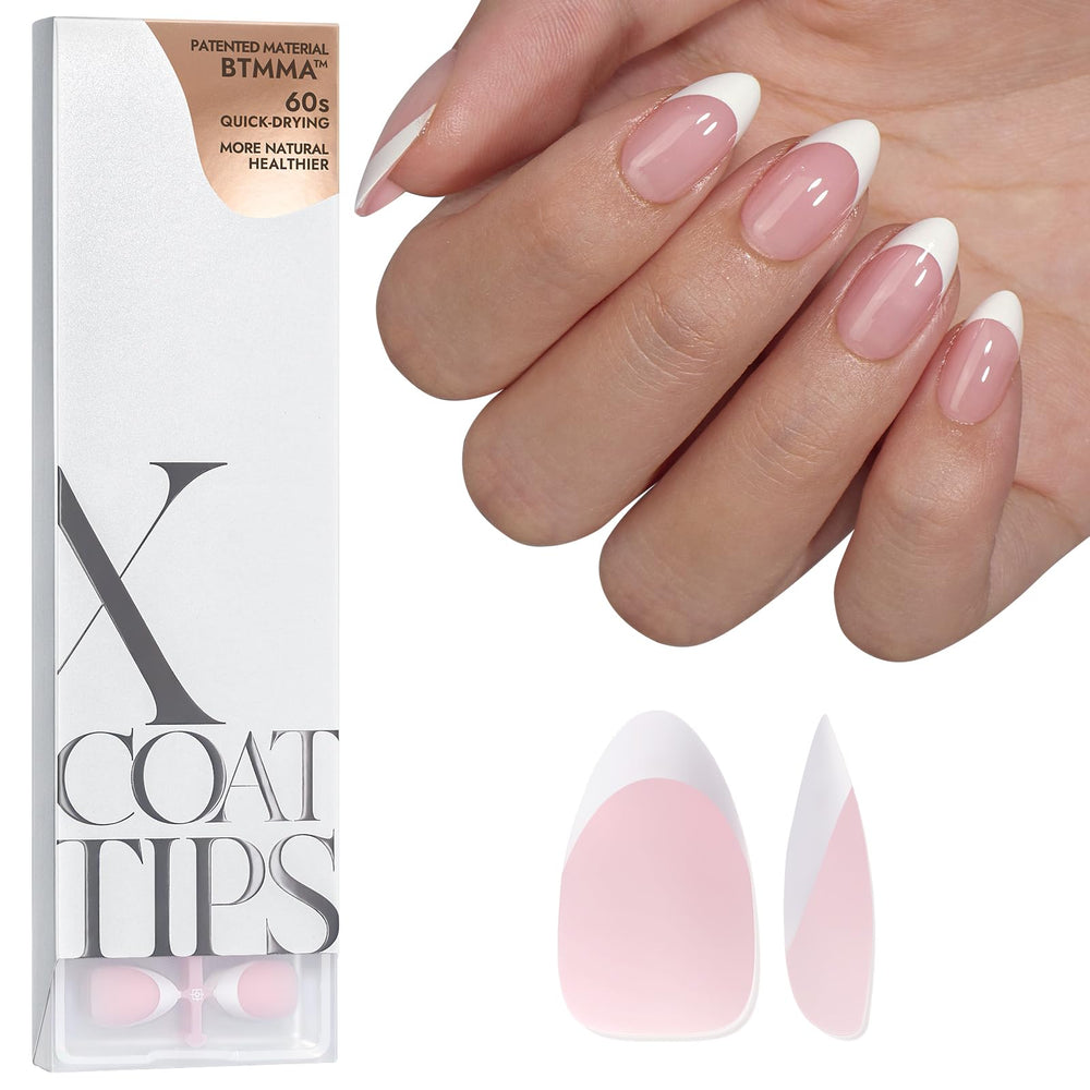 BTArtboxNails French Tip Pink Short Almond on hand, showing natural length and flawless gel finish.