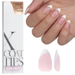 BTArtboxNails French Tip Pink Short Almond on hand, showing natural length and flawless gel finish.