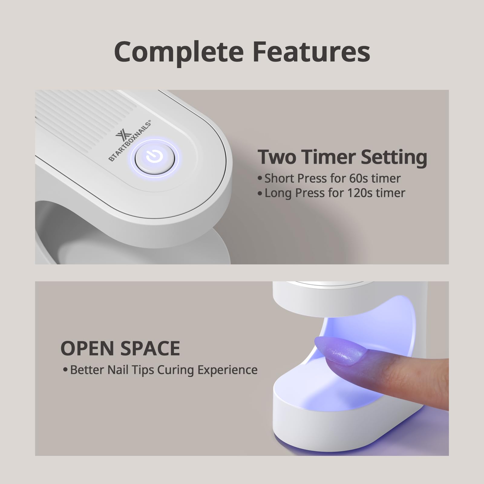BTARTBOXNAILS Handy Mini Nail Lamp 60/120s timers for flexible gel applications