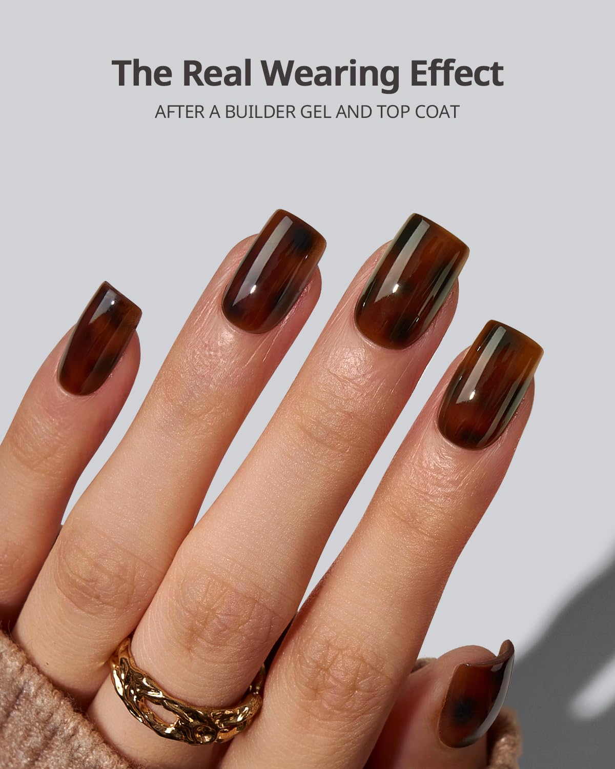 Close up of tortoiseshell nails showing shape and finish for DIY sets