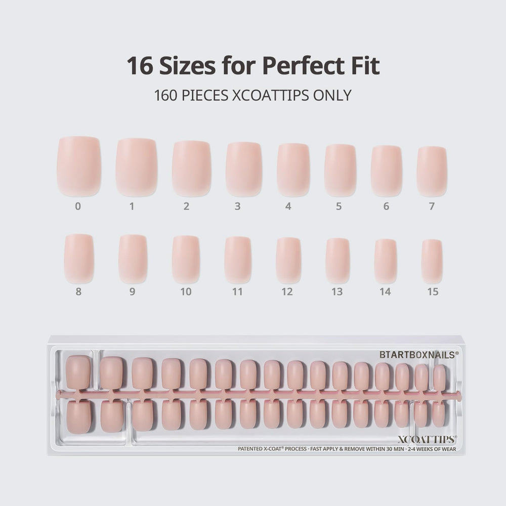 BTArtboxnails XCOATTIPS dieciséis tallas aseguran ajuste cómodo.