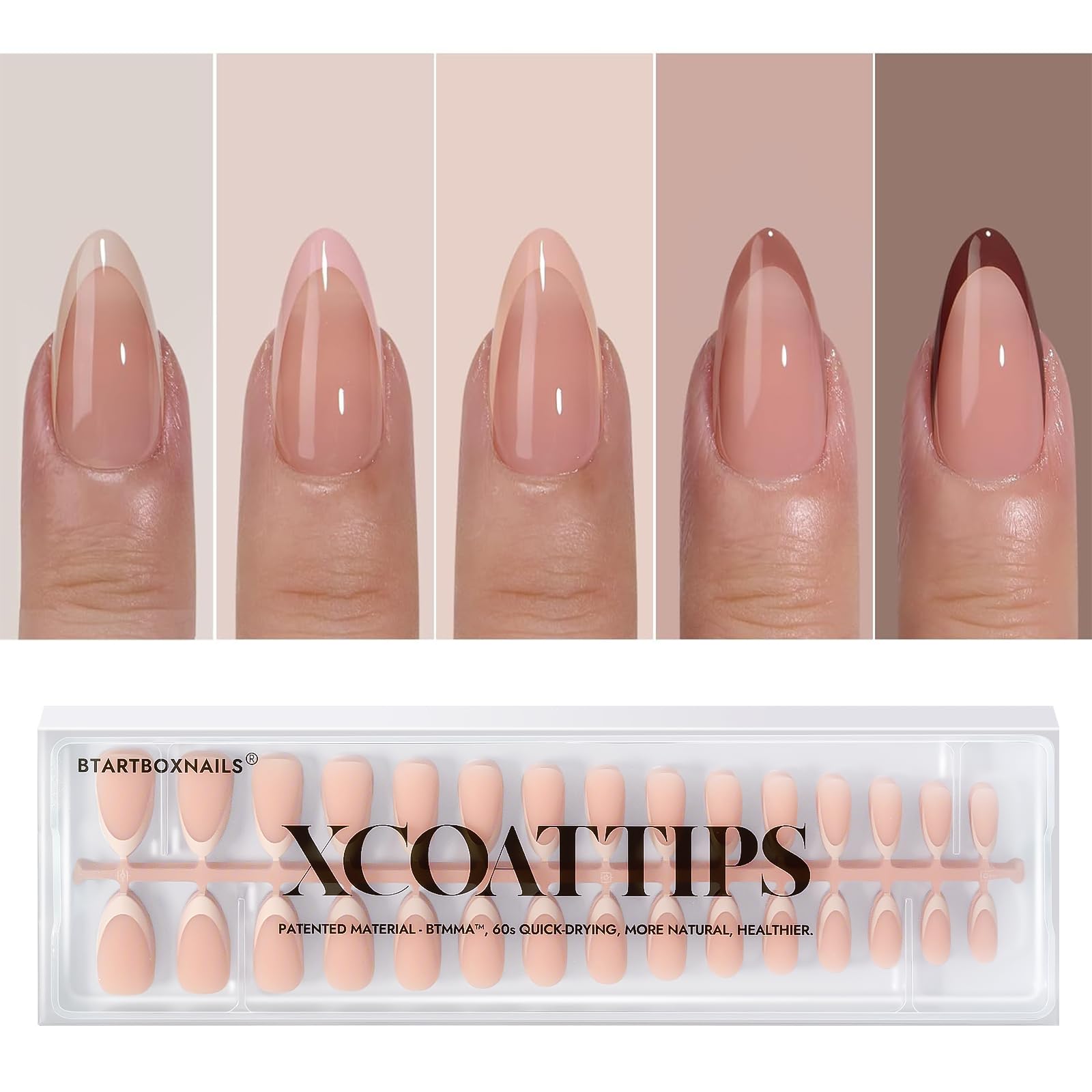 BTArtboxnails XCOATTIPS French tip nails almond shape with soft gel for easy wear.