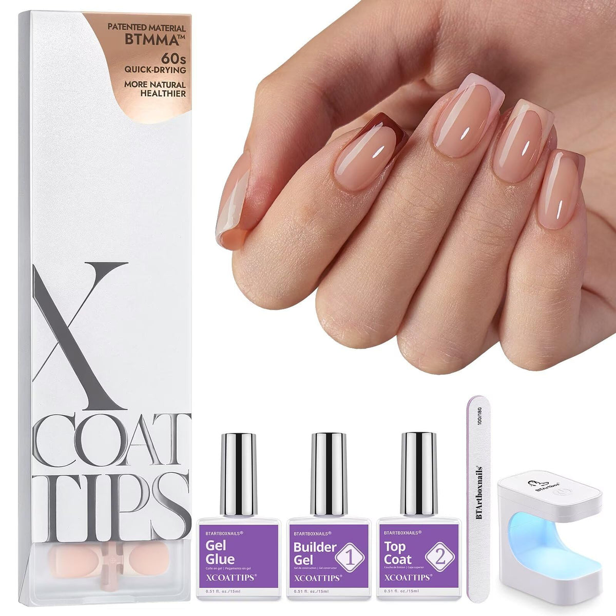 BTArtboxnails XCOATTIPS French tip press-on nails kit in skin-tone squares for at-home manicure