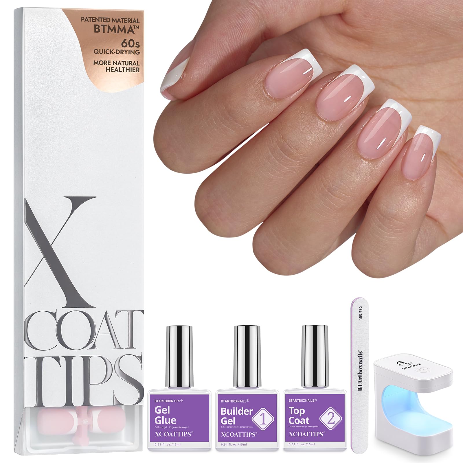 BTArtboxnails XCOATTIPS kit with pink soft gel tips for salon-like French manicure at home.