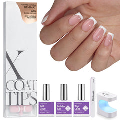 BTArtboxnails XCOATTIPS kit with pink soft gel tips for salon-like French manicure at home.