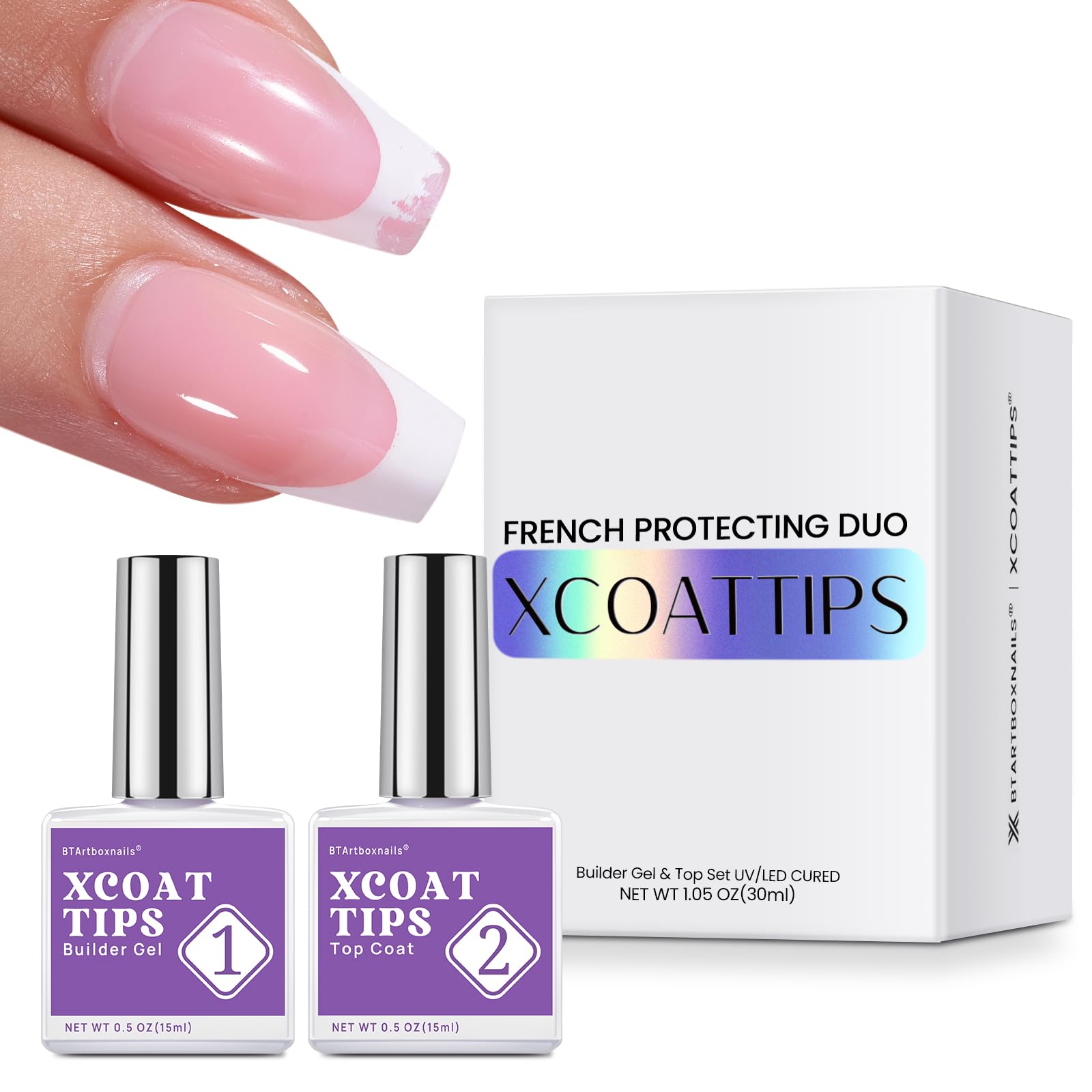 BTArtboxnails XCOATTIPS protege la punta francesa con gel de construcción de larga duración.