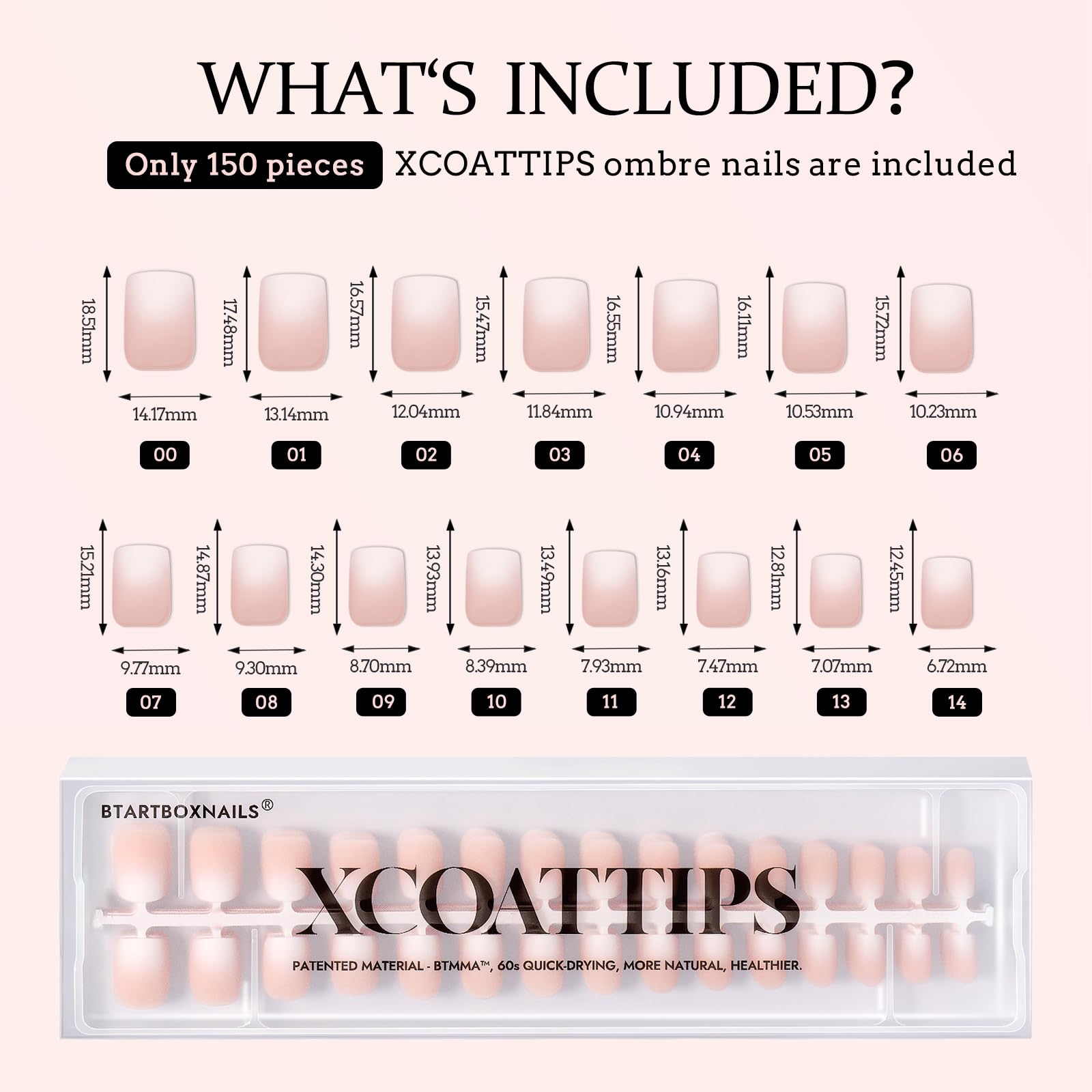 BTArtboxnails XCOATTIPS set de 150 piezas para variedad de tallas