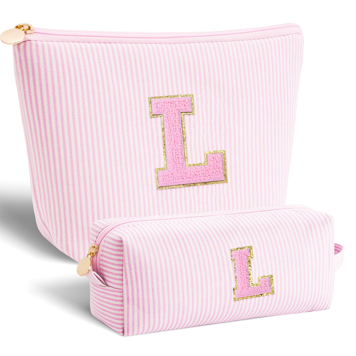 Btffitting birthday makeup bag set, front view, pink canvas, gift-worthy aesthetic.