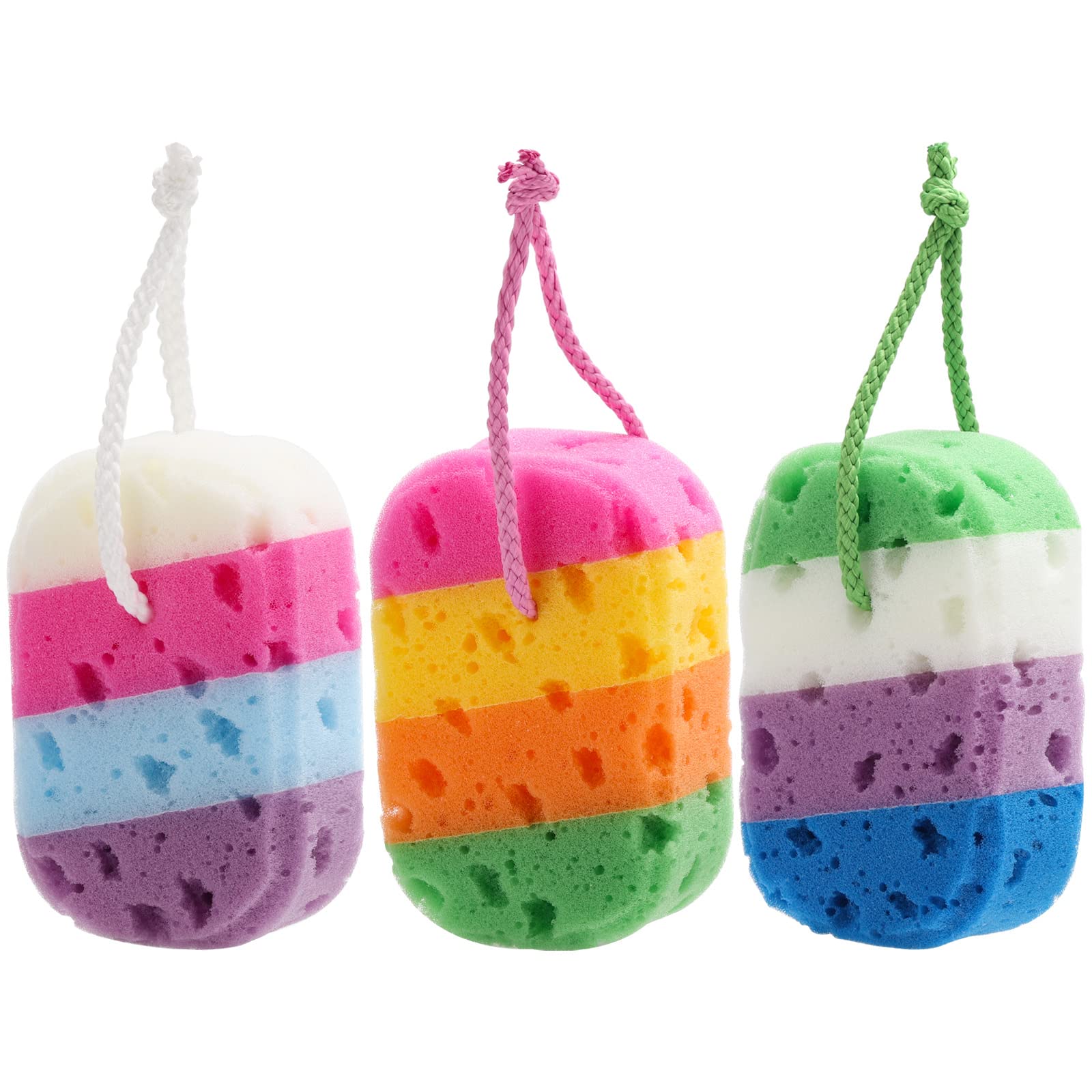 BTYMS 3-piece exfoliating bath sponge set shown in packaging for convenient daily cleansing.