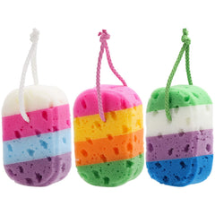 BTYMS 3-piece exfoliating bath sponge set shown in packaging for convenient daily cleansing.