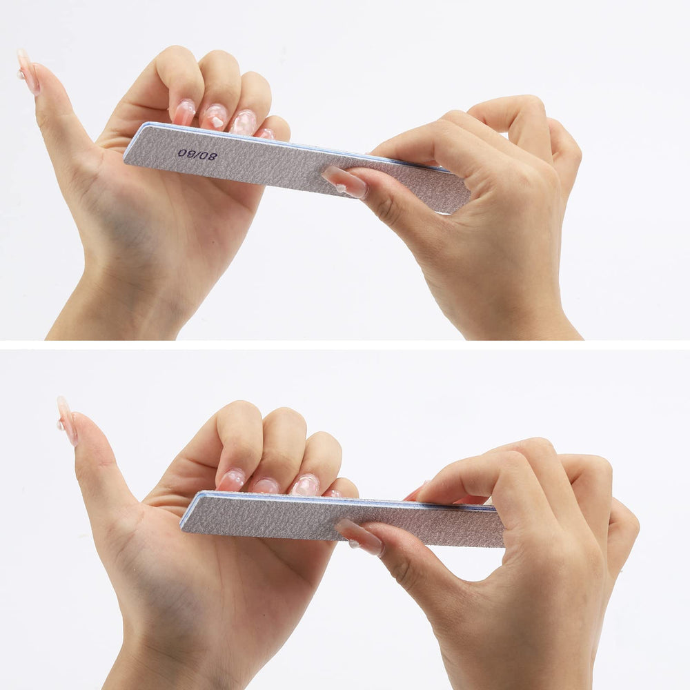 BTYMS 80/80 grit file smooths ridges, prepping nails for a clean finish.