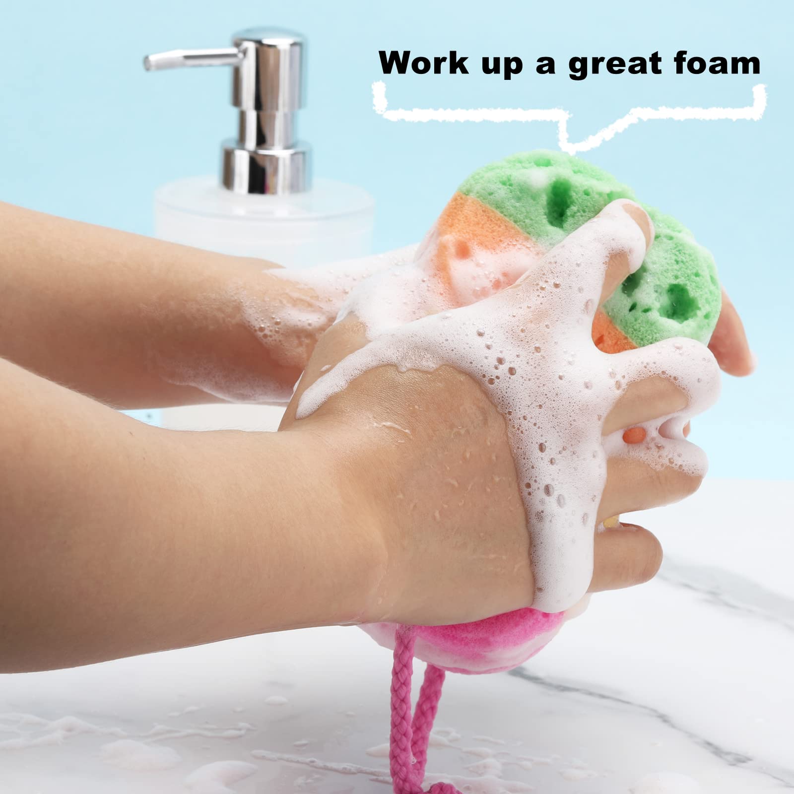 BTYMS bath sponge with hanging loop ready to dry after use.
