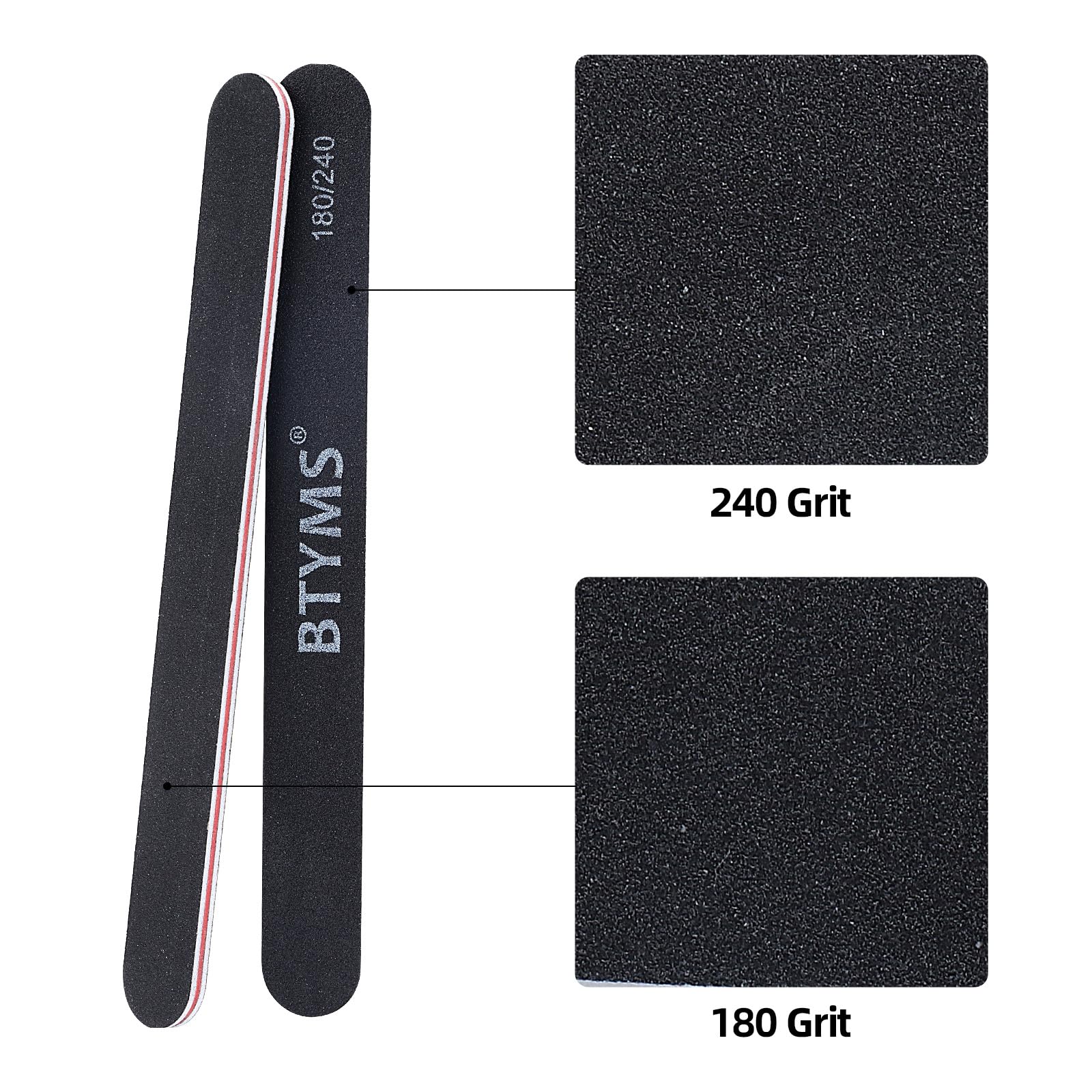 BTYMS double-sided emery boards with 180/240 grit for shaping and finishing.
