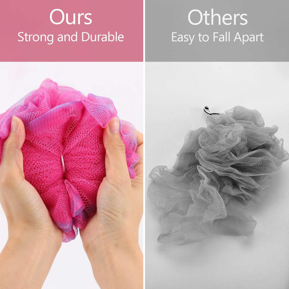 BTYMS four colors of shower loofahs displayed for family use