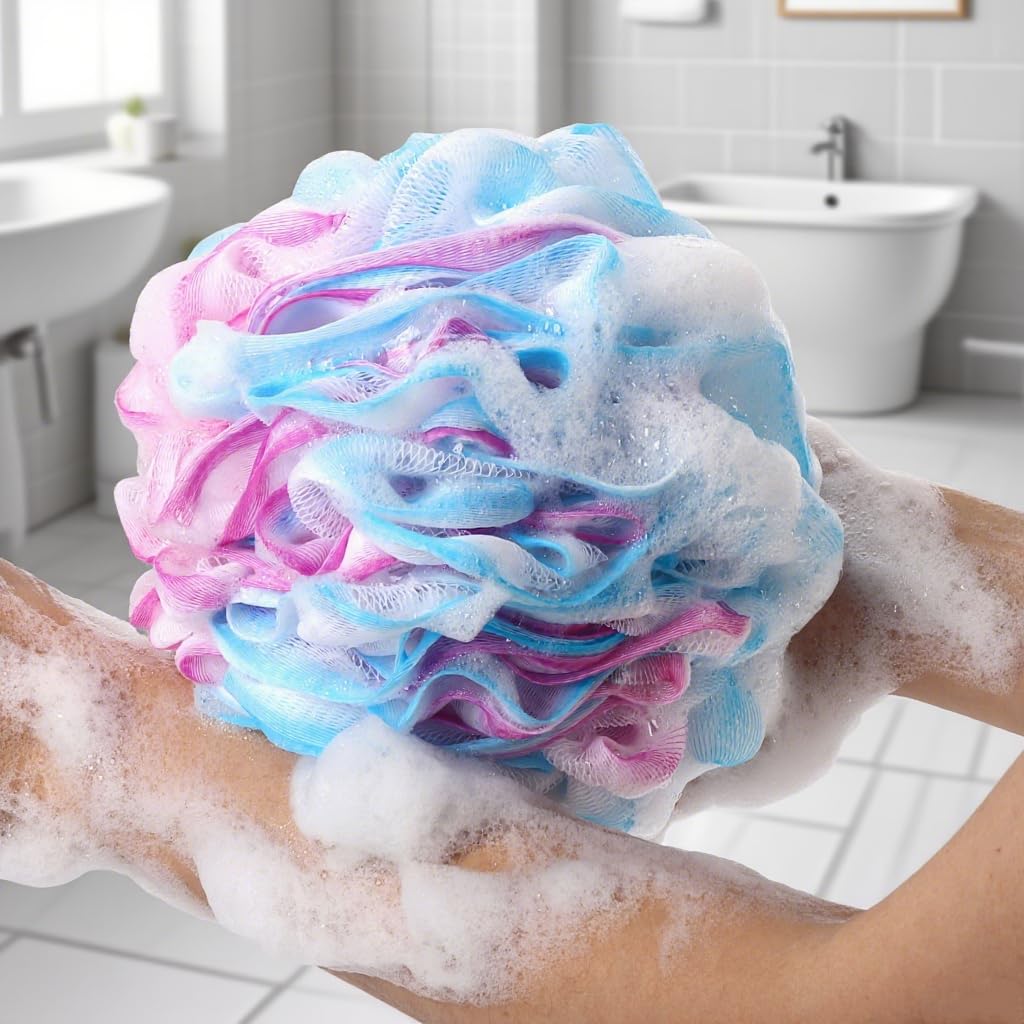 BTYMS lufa XXL con malla fina, exfoliación suave para piel sensible.