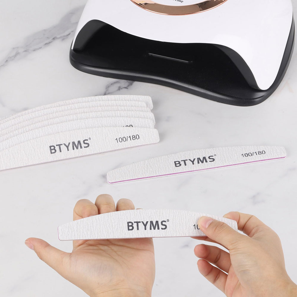 BTYMS 100/180 grit kit supports natural nails and enhancements with versatility.