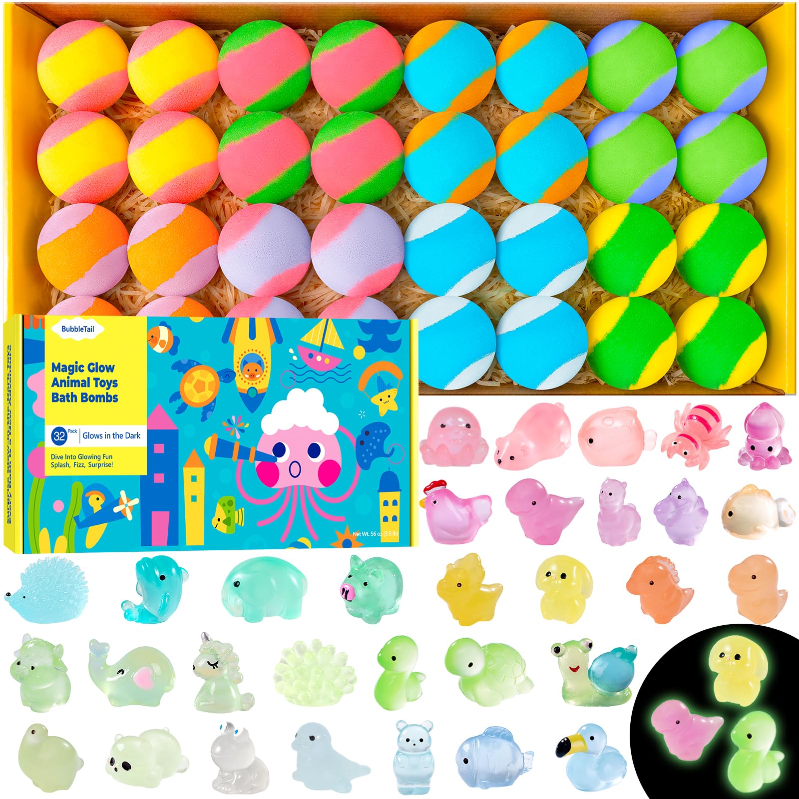 BubbleTail bombas de baño para niños con sorpresa de animales brillantes en la hora del baño
