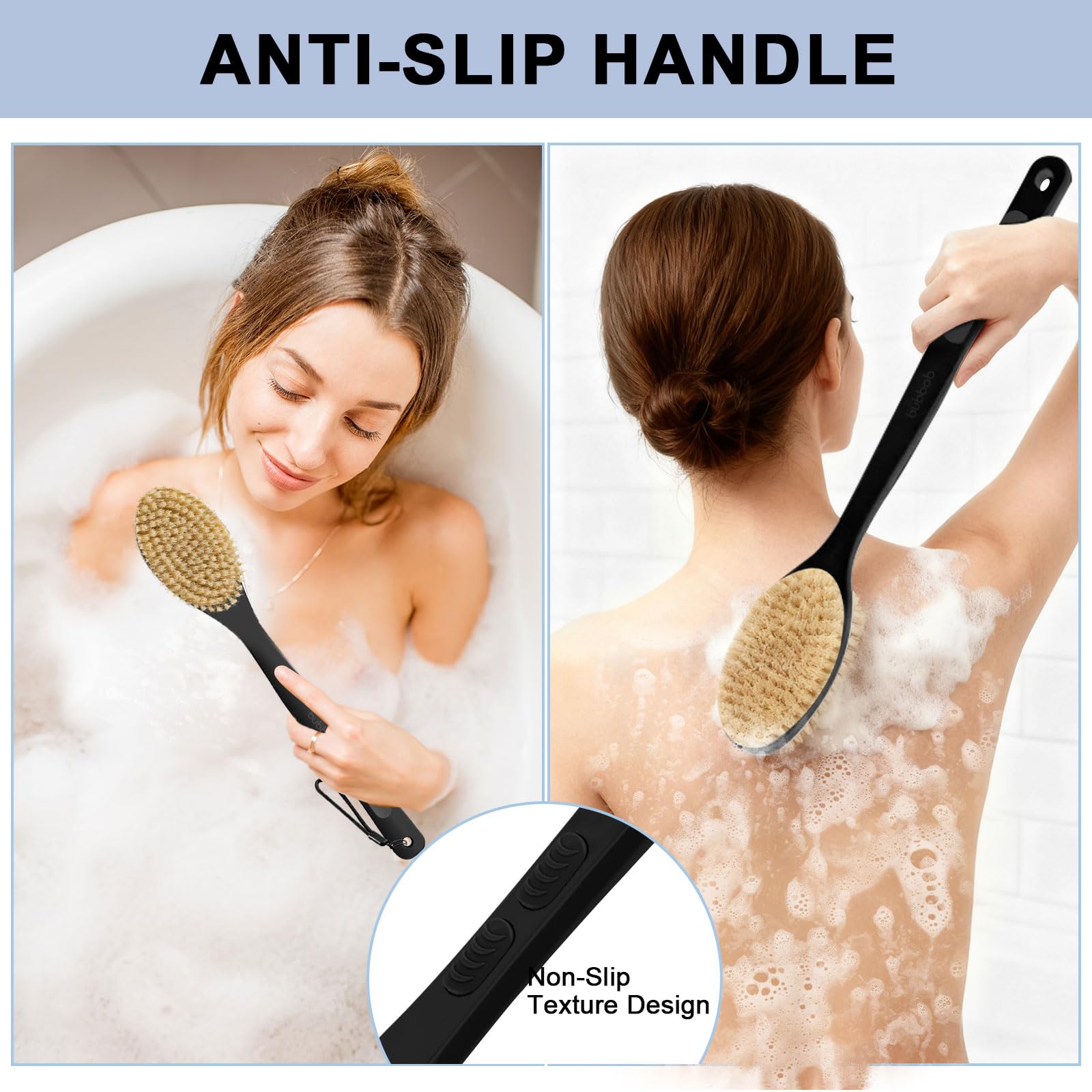 Cepillo de espalda Bubbob con cerdas suaves para ducha.