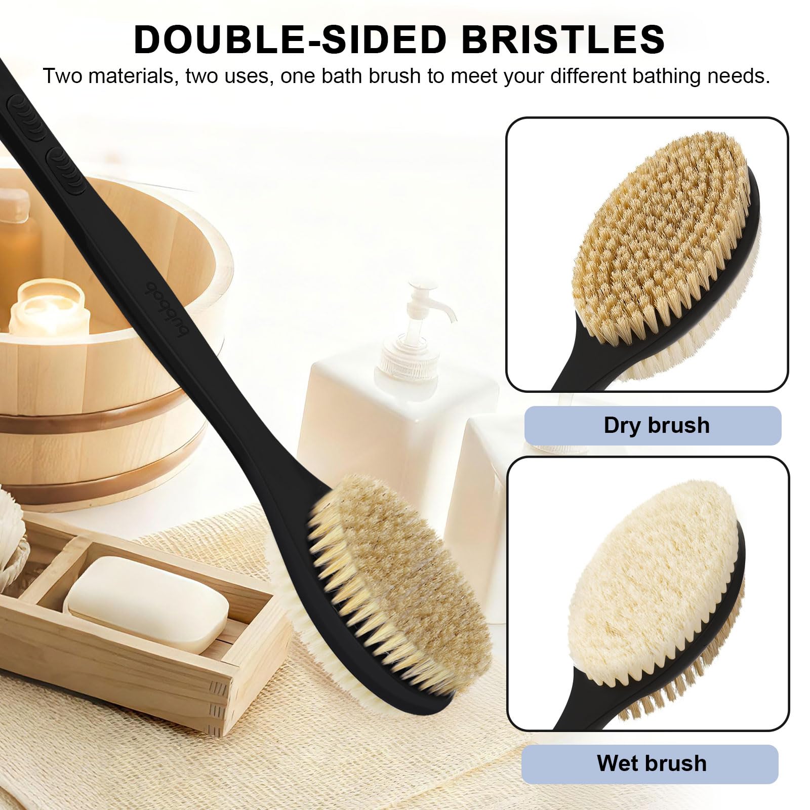 Cepillo de espalda Bubbob con dos caras de cerdas para exfoliar suave.