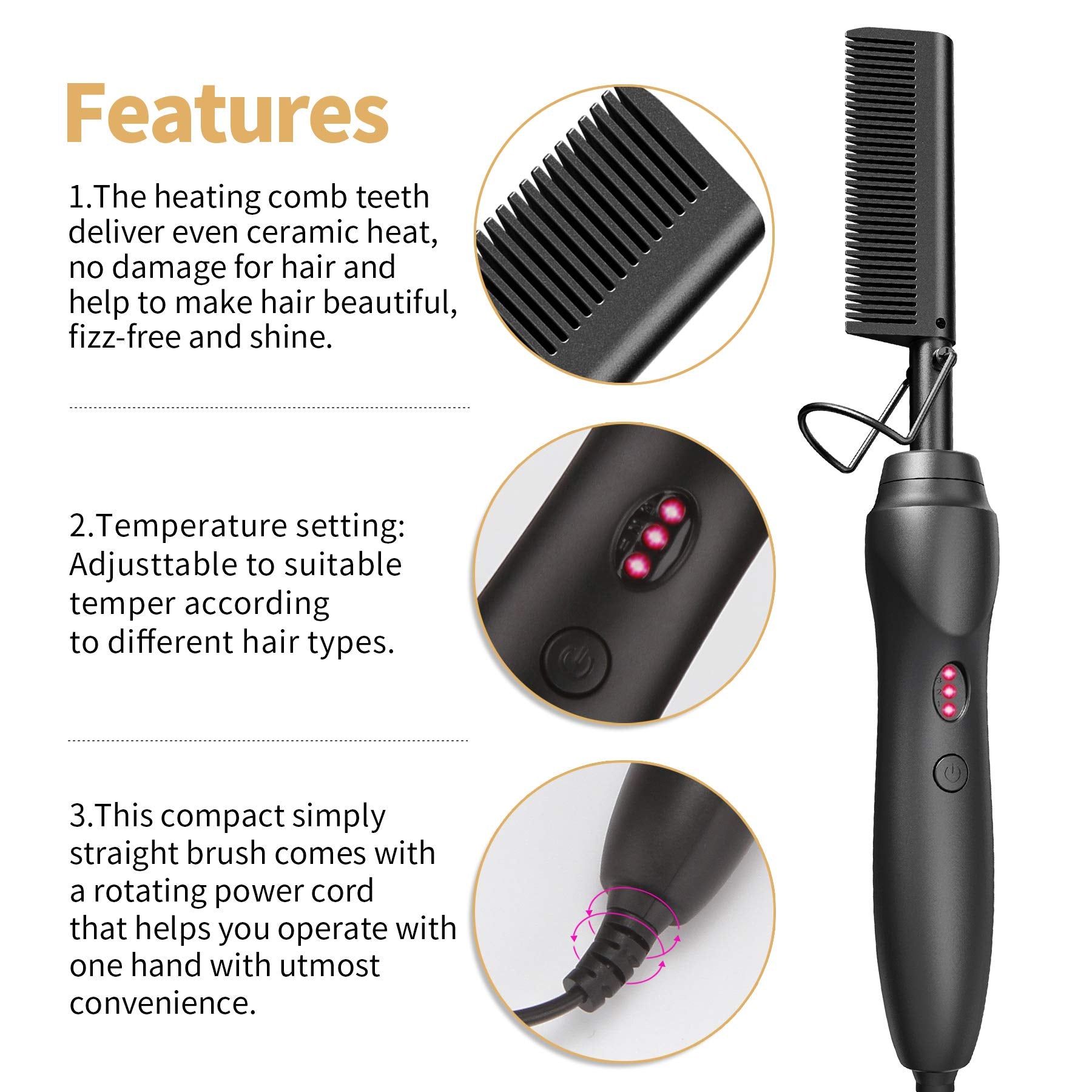 BudiGl hot comb straightener black housing for a sleek look.