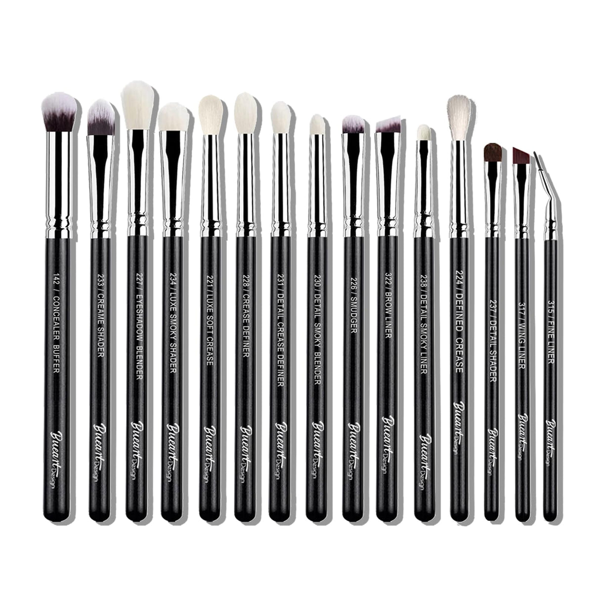 Bueart Design 15pcs pro natural hair eyeshadow brush set packaging showcasing premium quality