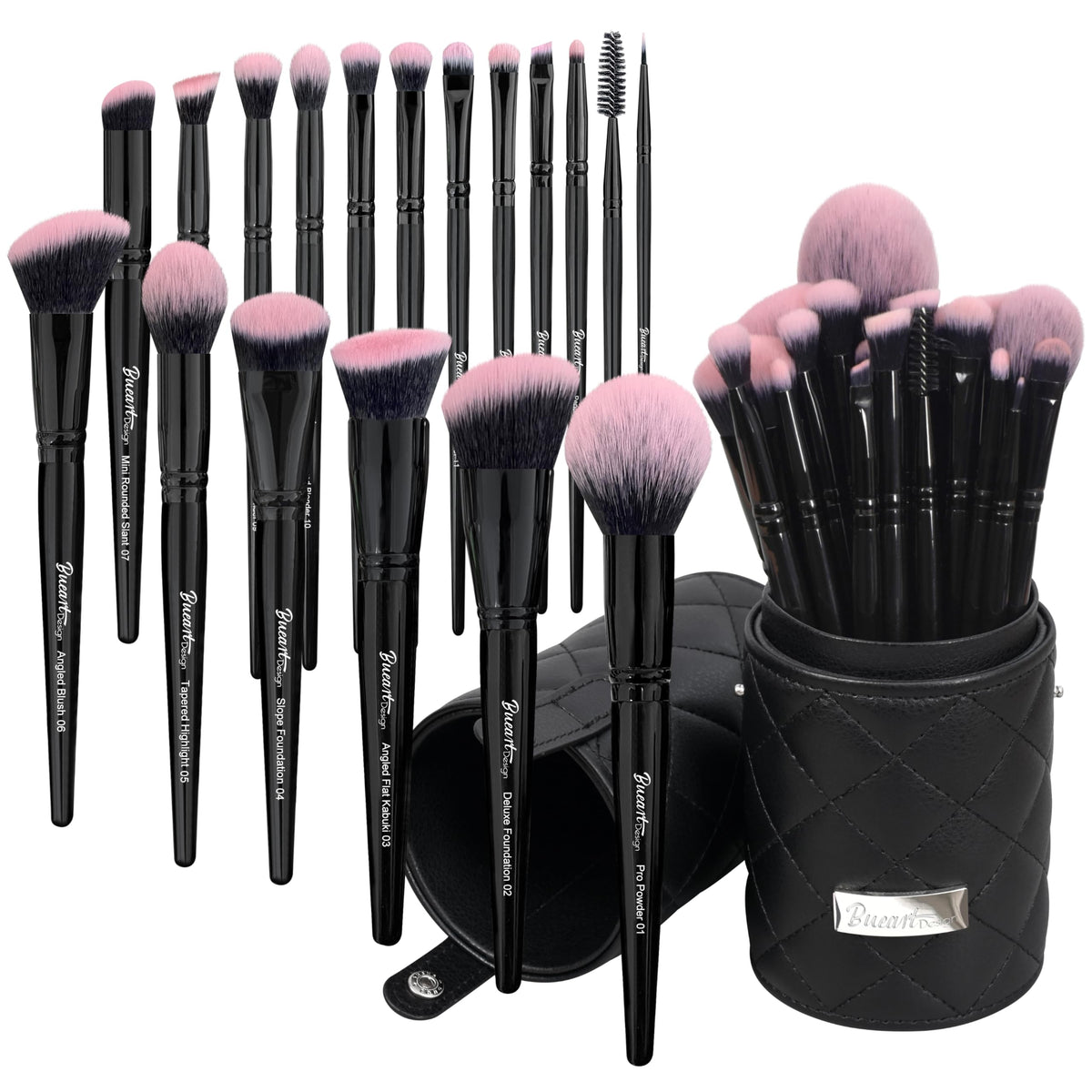 Bueart Design 18-piece deluxe brush set with pink case for travel makeup on the go.