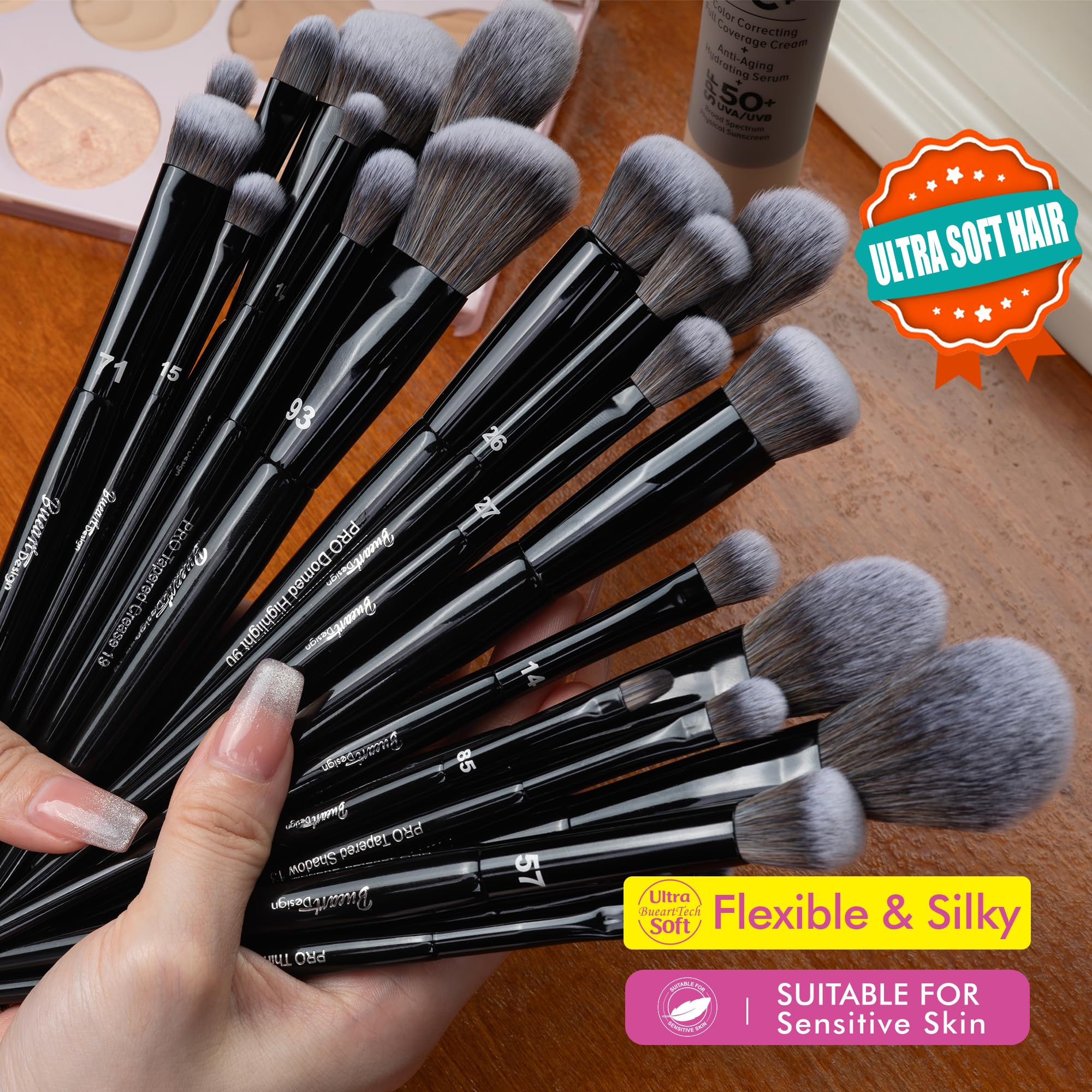 Bueart Design versatile brushes cover face and eyes for complete makeup looks.