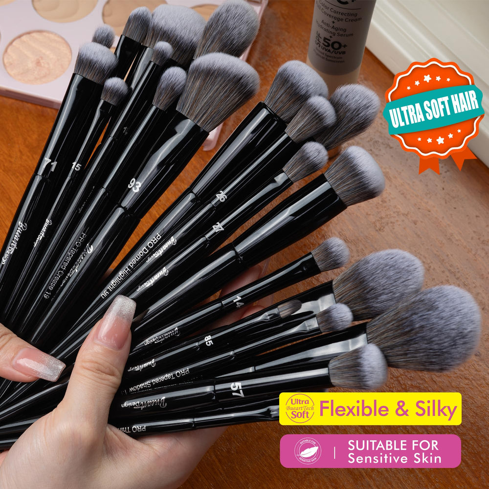 Bueart Design versatile brushes cover face and eyes for complete makeup looks.