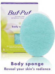 Buf-Puf body sponge removing dirt and excess oil during cleansing