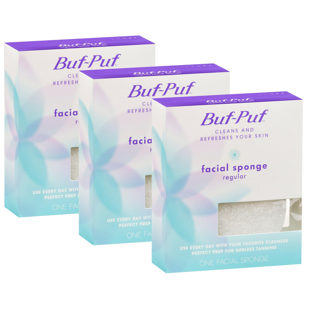 Buf-Puf esponja facial en empaque blanco para limpieza diaria suave.