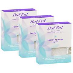 Buf-Puf esponja facial en empaque blanco para limpieza diaria suave.