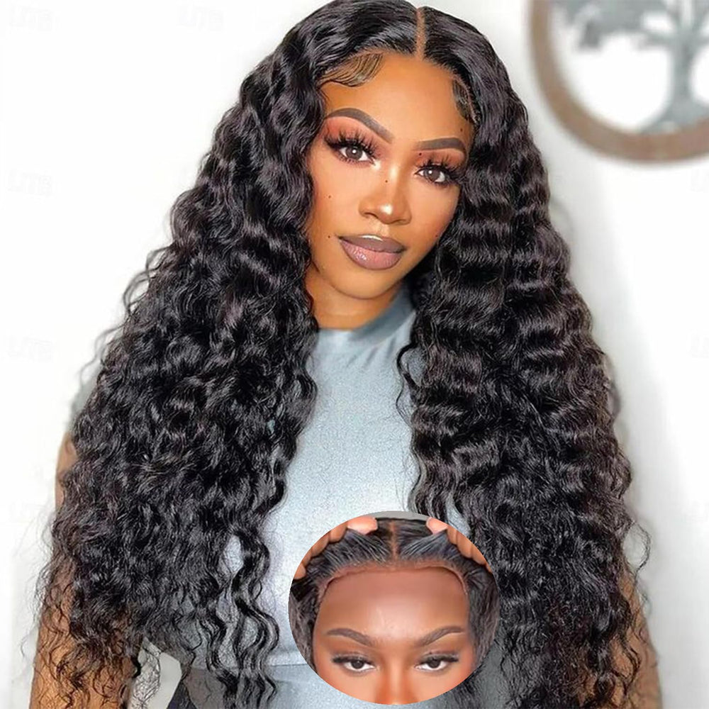 Bugtum glueless wig close-up showing natural hairline and deep wave texture