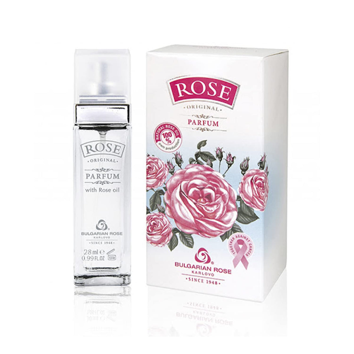 BULGARIAN ROSE KARLOVO bottle close-up, sleek 28 ml parfum for everyday wear