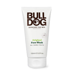 Bulldog limpiador facial original, primer plano de la botella, sensación fresca y limpia
