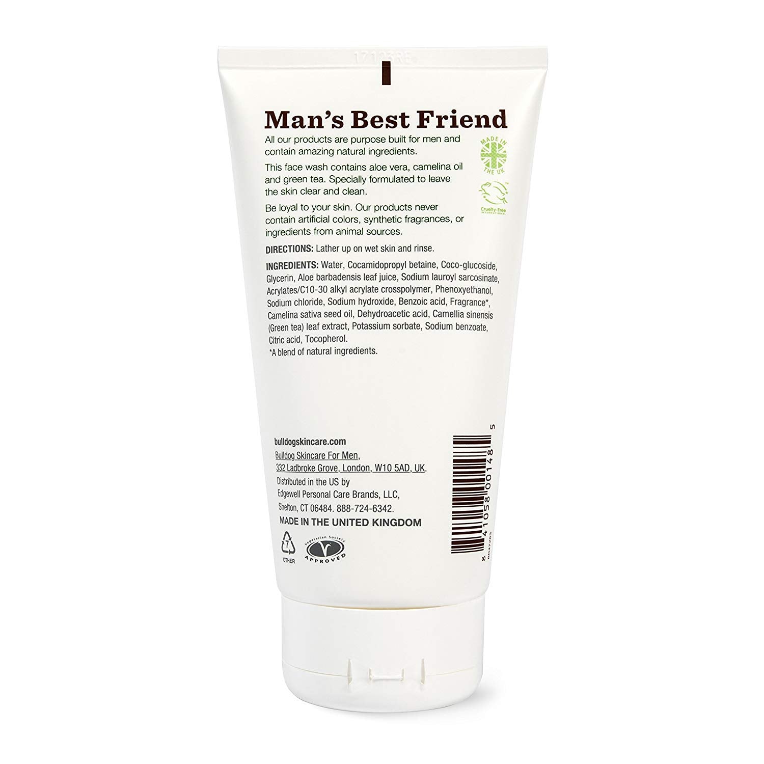Bulldog limpiador facial original, etiqueta trasera, ingredientes y uso recomendado
