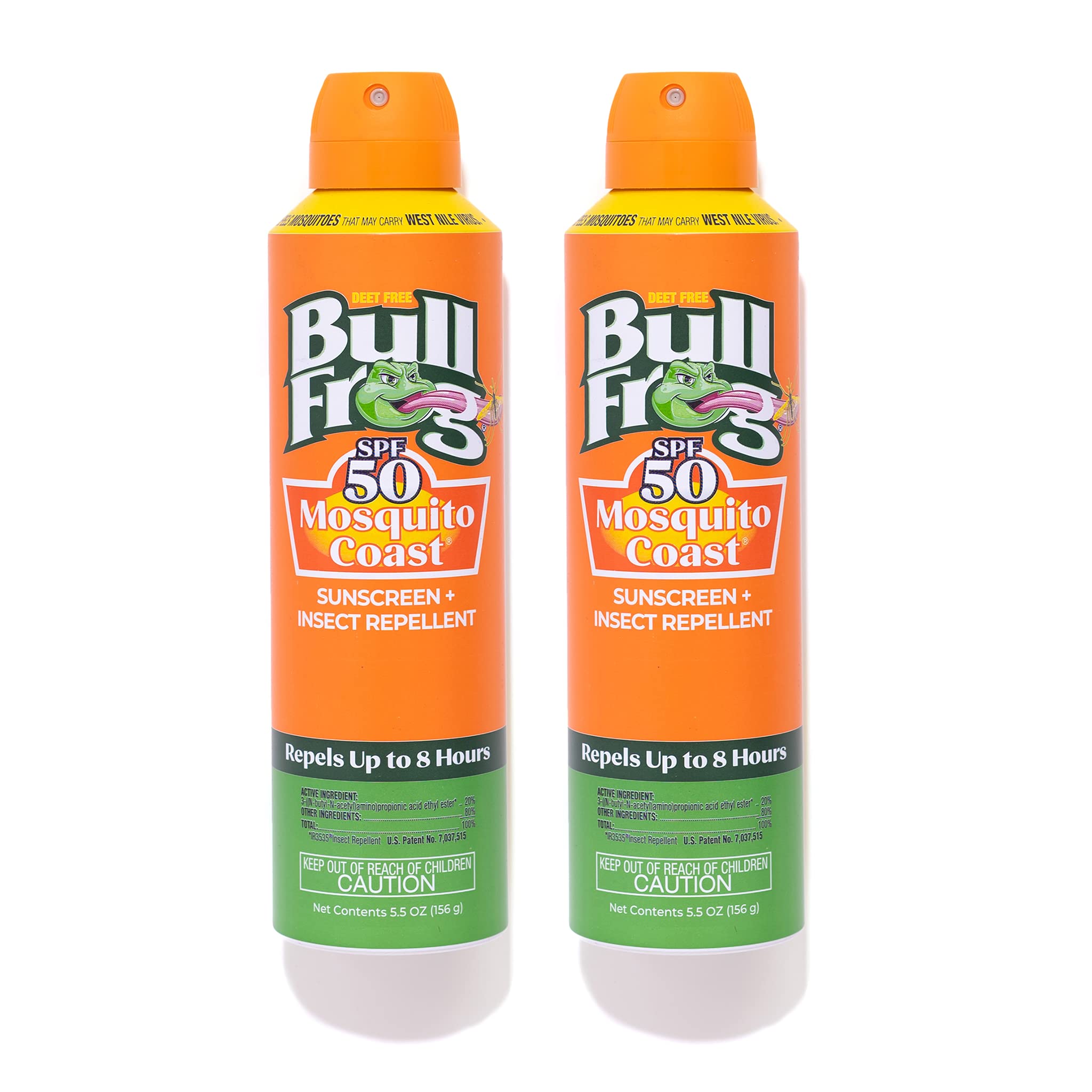 Bullfrog Mosquito Coast sunscreen spray bottle showing 50 SPF protection for sunny adventures